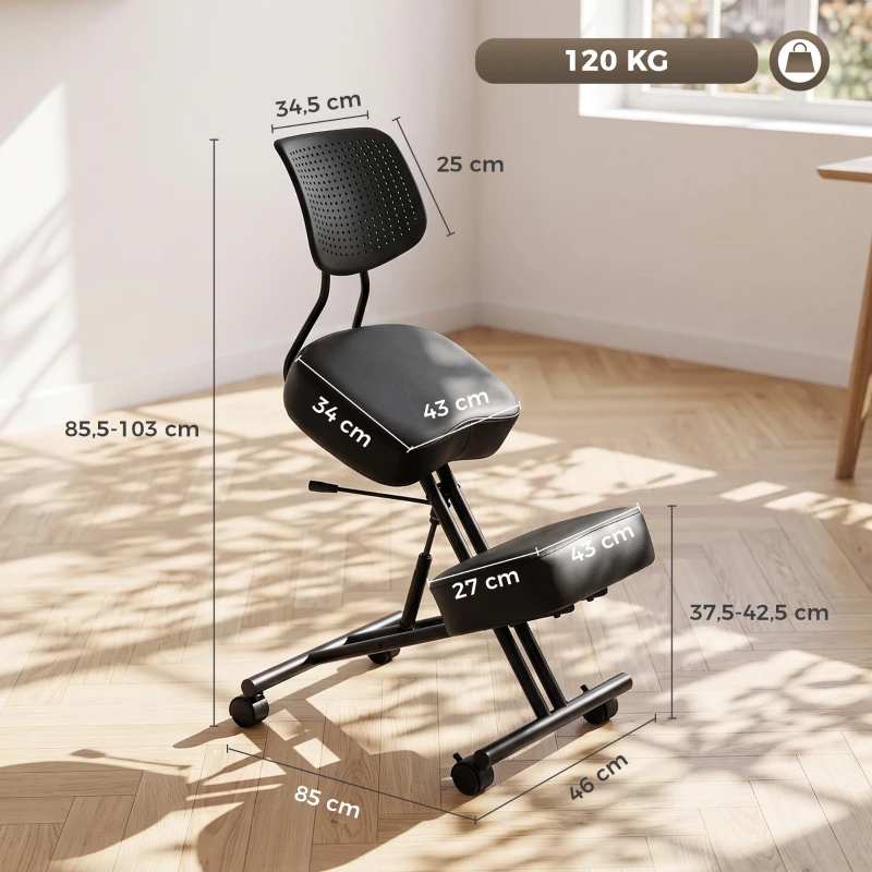 HOMCOM Chaise à Genoux Ergonomique avec Dossier, Siège Assis Genoux Réglable en PU sur Roulettes, Noir
