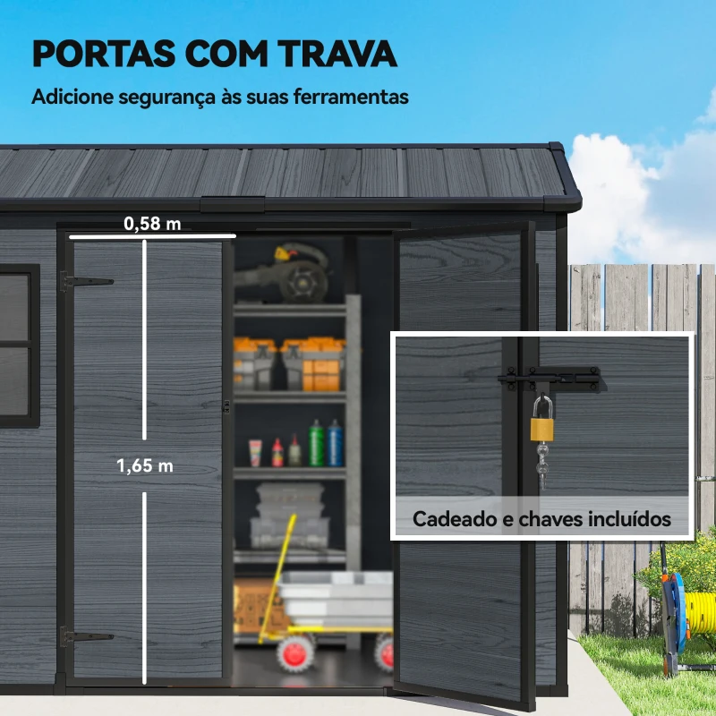 Outsunny Abrigo de Jardim Exterior 2,77 m² 244x131x201 cm com Base, Portas com Fecho, Janelas e Ventilação, Cinzento Escuro
