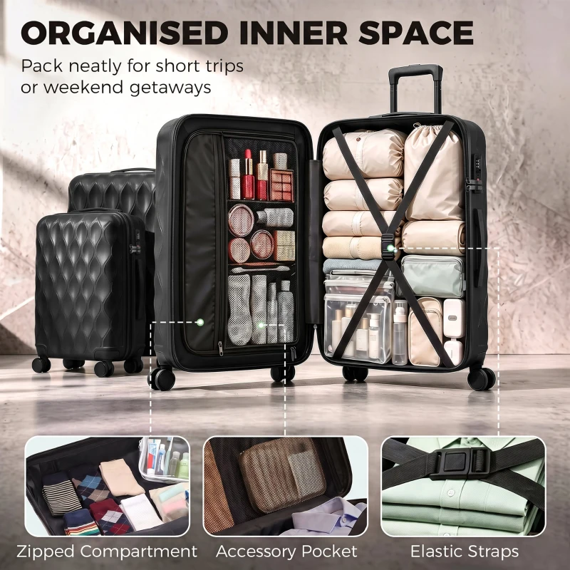 HOMCOM 3-Piece Suitcase Set, Hard Shell Carry On & Checked Luggage Set with TSA Lock, 20/24/28 Inch, Black