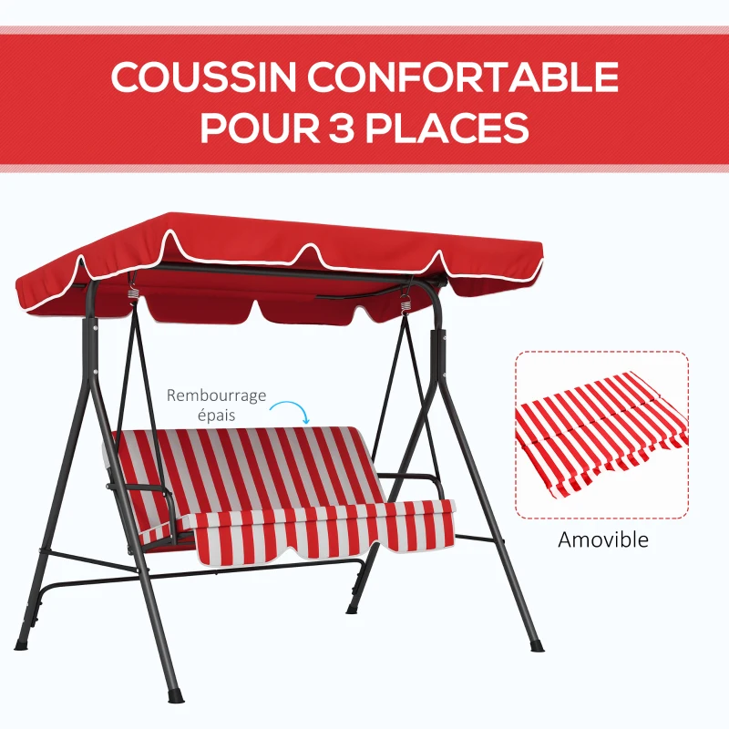 Outsunny Balancelle de Jardin 3 Places Toit Inclinaison réglable Coussins Assise et Dossier Acier Noir Polyester Rouge