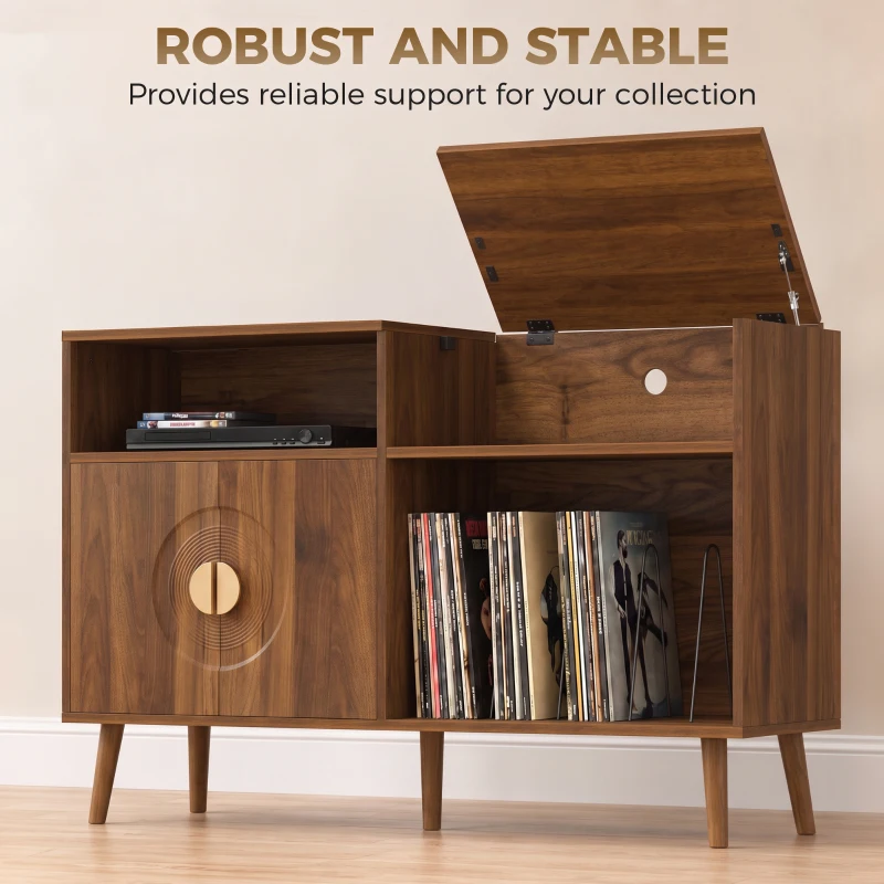 HOMCOM Record Player Stand, Vinyl Record Holder with Storage Holds Up to 300 Albums with Flip-Top Compartment, Walnut