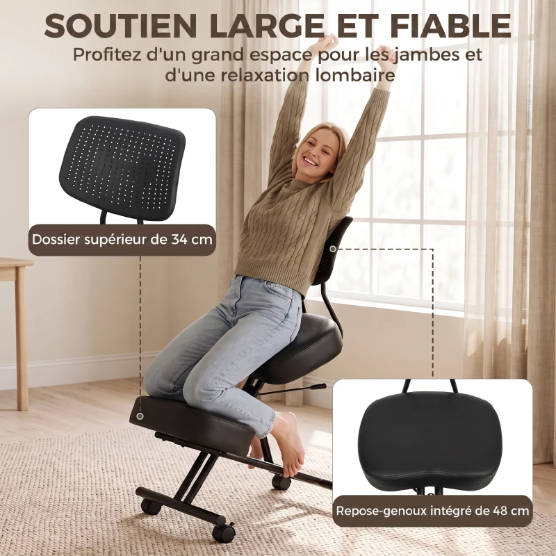 HOMCOM Chaise à Genoux Ergonomique avec Dossier, Siège Assis Genoux Réglable en PU sur Roulettes, Noir