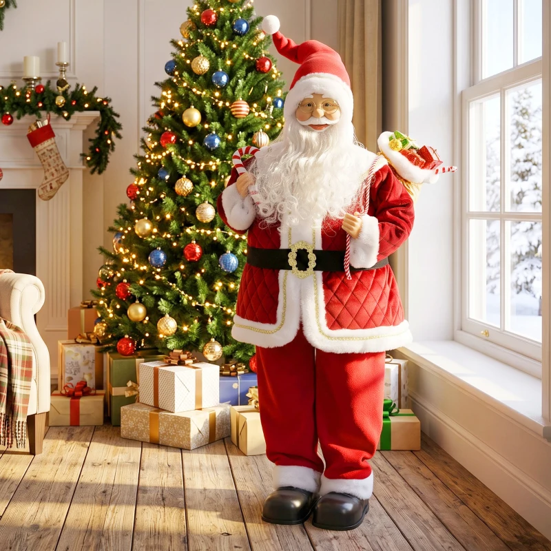 HOMCOM Père Noël Animé Grandeur Nature 120 cm, Décoration Musicale Chantante à Tête Mobile, Activation Sonore, Tactile, Rouge