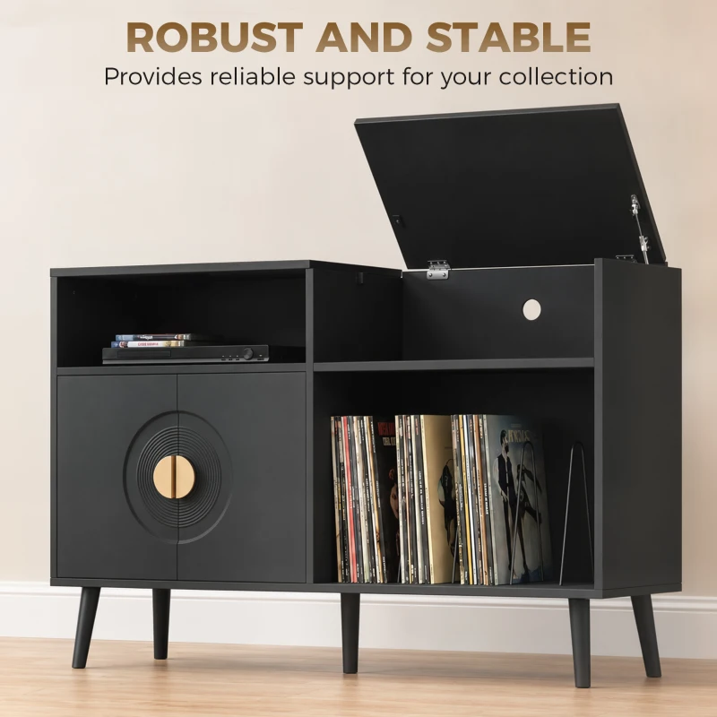 HOMCOM Record Player Stand, Vinyl Record Holder with Storage Holds Up to 300 Albums with Flip-Top Compartment, Black