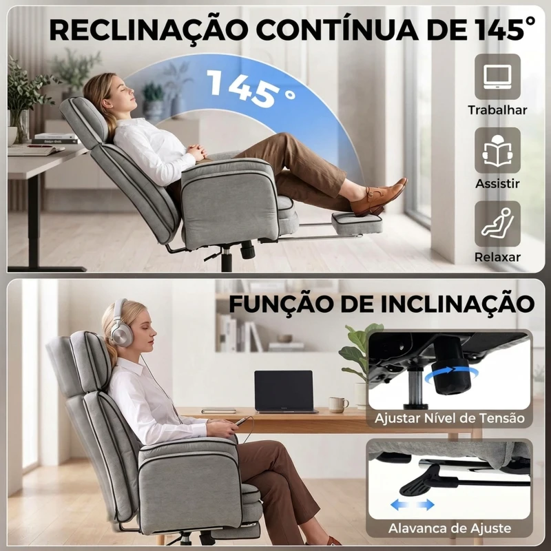 HOMCOM Cadeira de Escritório com Apoio para os Pés, Apoios de Braços Rebatíveis, Encosto Alto Reclinável 145° e Apoio de Cabeça Ajustável, Cinzento
