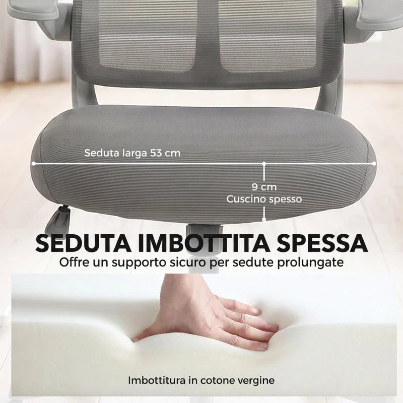 HOMCOM Sedia da Ufficio Ergonomica Girevole con Braccioli Ribaltabili, Dondolo e Altezza Regolabile, Grigio