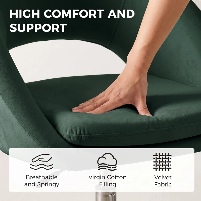 HOMCOM Velvet Desk Chair, Modern Office Chair with Height-Adjustable, Wheels, for Home Study Bedroom, Dark Green