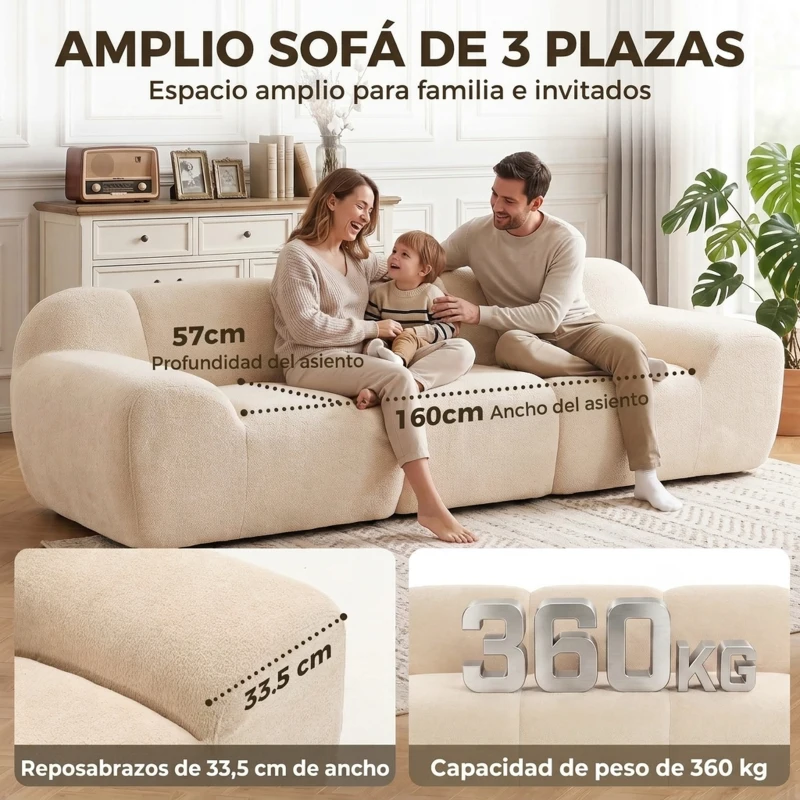 HOMCOM Sofá de 3 Plazas de Chenilla 233 cm Asiento Amplio y Profundo Reposabrazos Anchos Sin Montaje Beige
