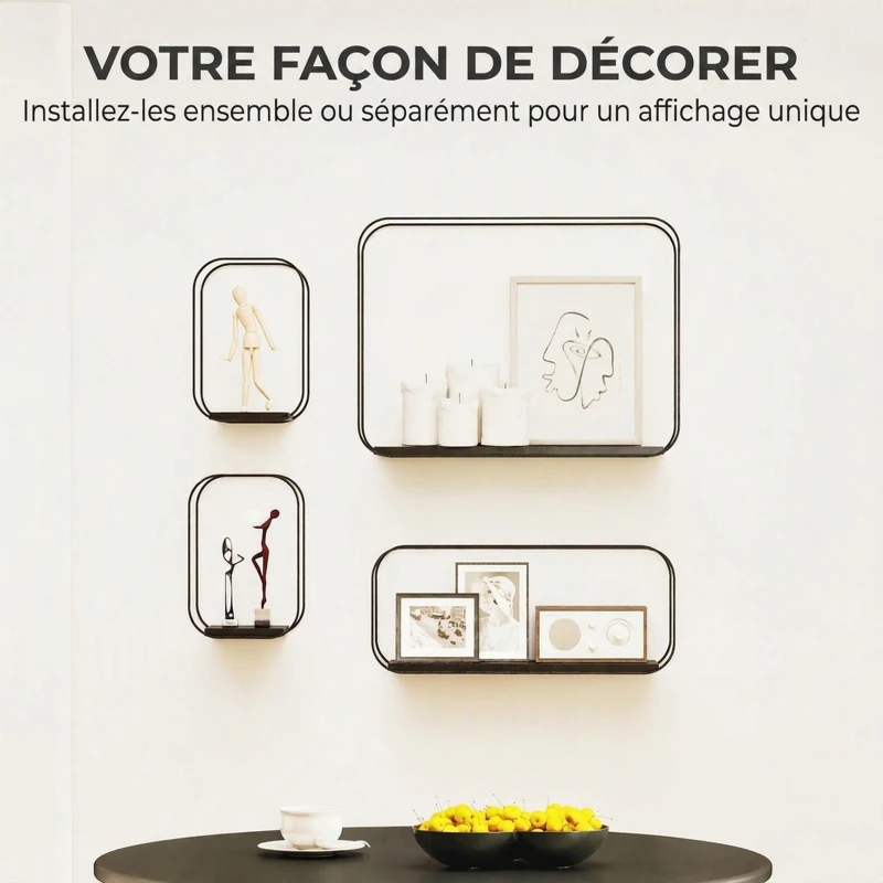 HOMCOM Lot de 4 étagères murales industrielles, étagères flottantes géométriques en métal, pour salon, chambre et bureau, noir