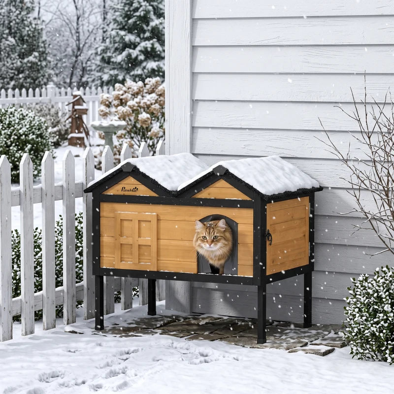 PawHut Wooden Cat House Outdoor Indoor with Weatherproof Asphalt Roof, Side Cleaning Door, PVC Curtain