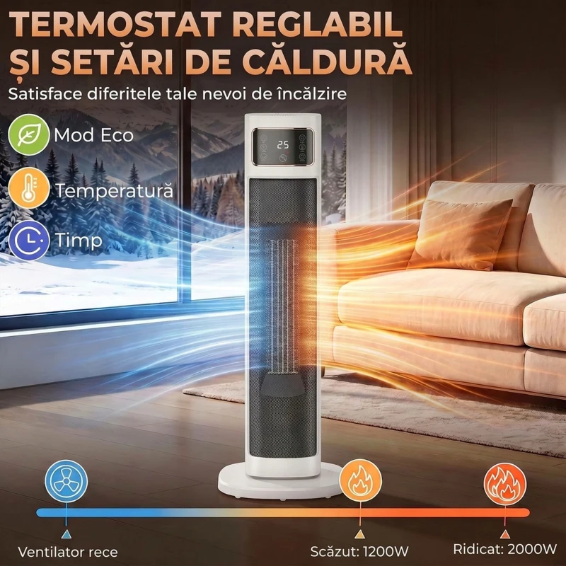 HOMCOM Aerotermă Electrică Ceramică cu Termostat Reglabil, 4 Moduri, Panou Tactil, Telecomandă, Alb
