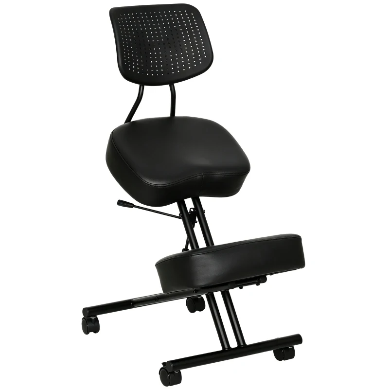 HOMCOM Chaise à Genoux Ergonomique avec Dossier, Siège Assis Genoux Réglable en PU sur Roulettes, Noir