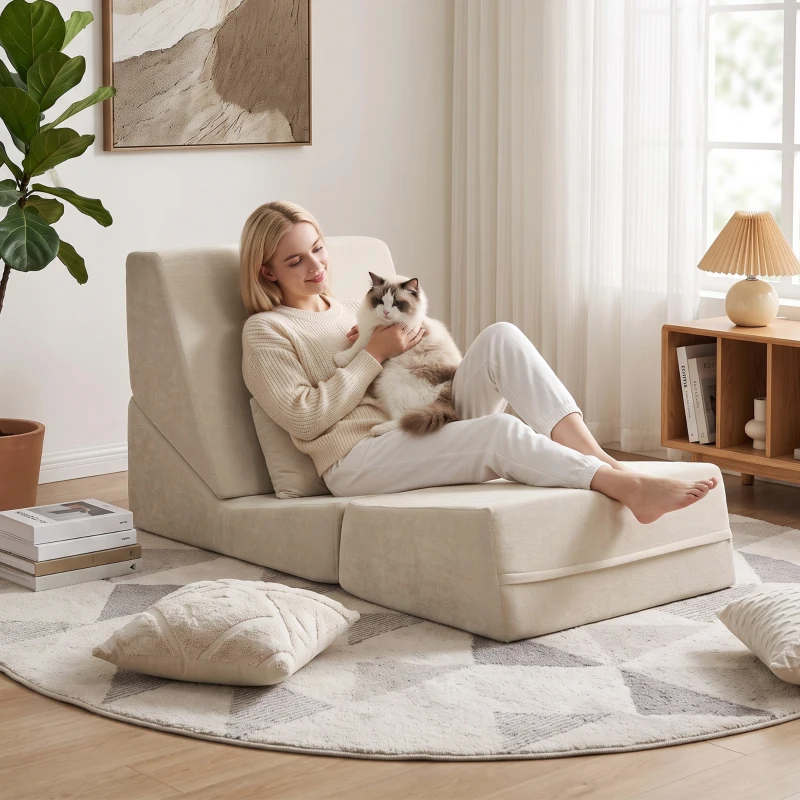 HOMCOM Sofá-Cama Dobrável 3 em 1 Poltrona 1 Lugar Conversível em Chenille Almofada e Encosto Compacto sem Montagem Bege