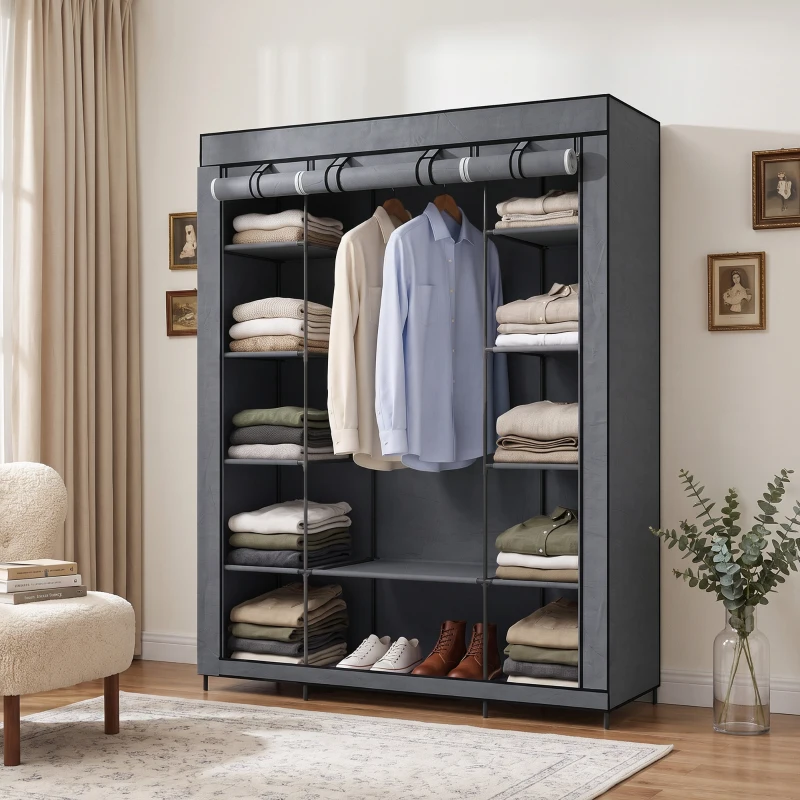 HOMCOM Armario de Tela Salvaspacio con Barra para Colgar y 11 Estantes, 135x45x175 cm, para Dormitorio, Gris