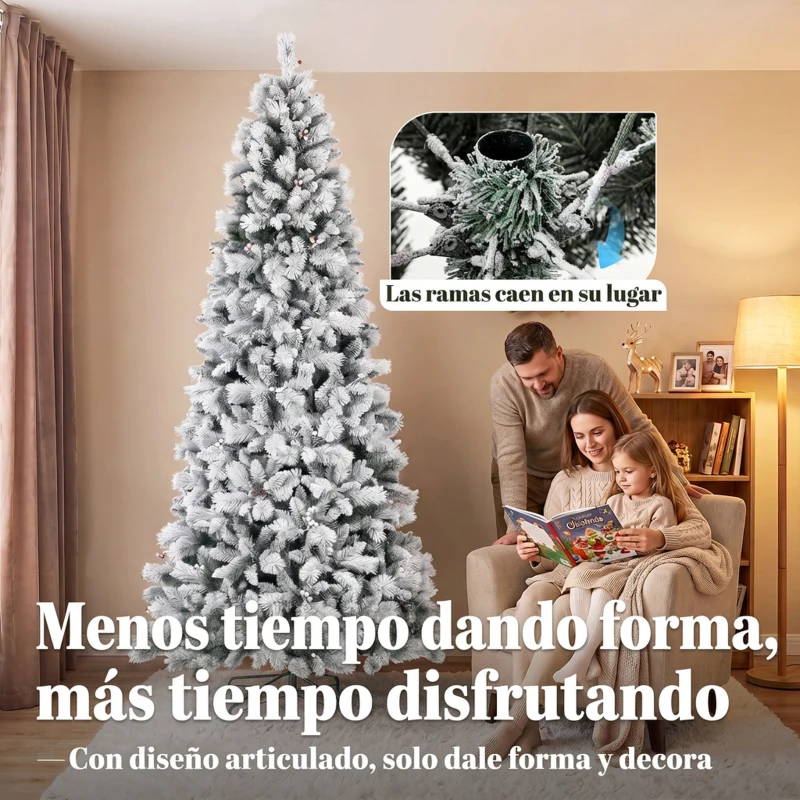 HOMCOM Árbol de Navidad Artificial 270 cm con 1507 Ramas Base Metálica Plegable Montaje Rápido para Salón Interior Blanco
