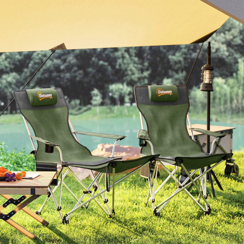 Outsunny Set 2 Sedie da Campeggio Pieghevoli con Poggiapiedi e Portabicchieri, 82x50/100x88 cm, Verde