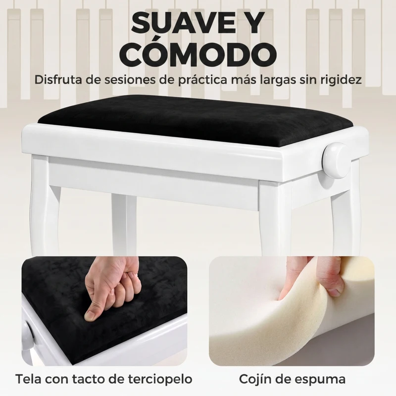 HOMCOM Banco de Piano Altura Ajustable 45-56 cm Banqueta de Piano con Asiento Terciopelo Patas de Madera Carga 120 kg Blanco
