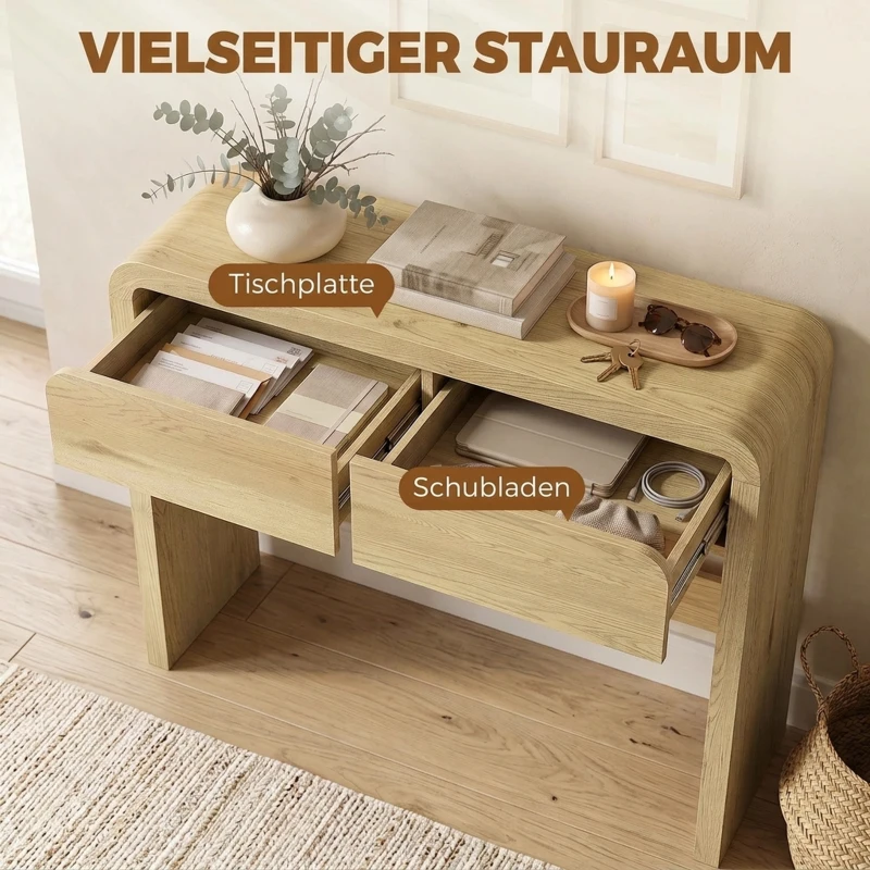HOMCOM Konsolentisch mit 2 Schubladen, kugelgelagerten Schienen und abgerundeten Ecken, 100 cm, Natur