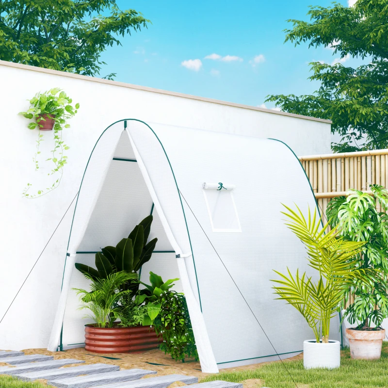 Outsunny Polytunnel Greenhouse with Sandbags, Walk-In Tunnel Green House with 2 Doors and Screen Windows, 1.8 x 1.8 x 2m, White