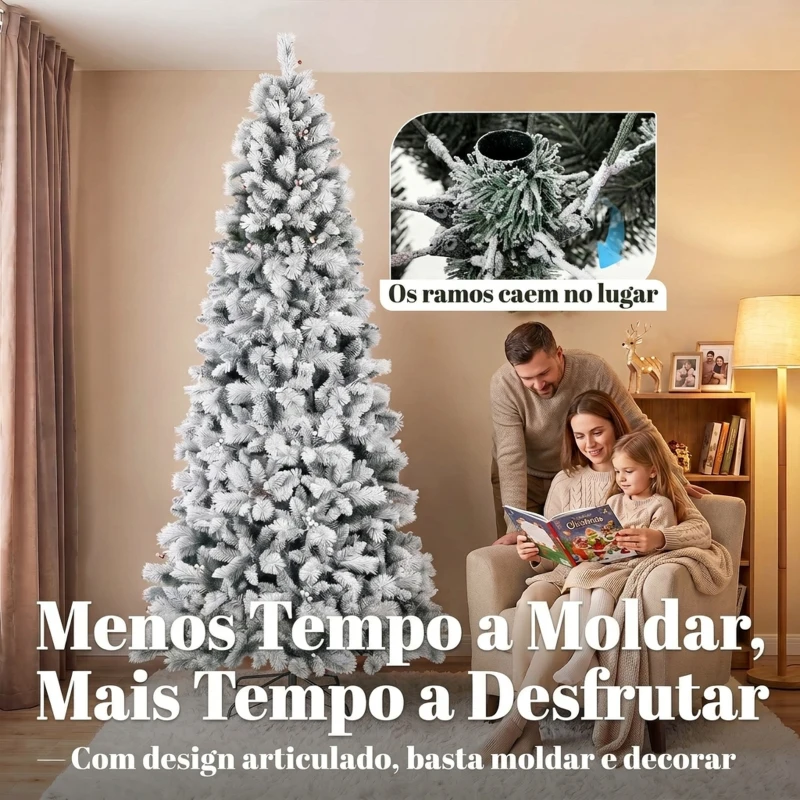 HOMCOM Árvore de Natal Artificial 270 cm com 1507 Ramos Base Metálica Dobrável e Montagem Rápida Branca