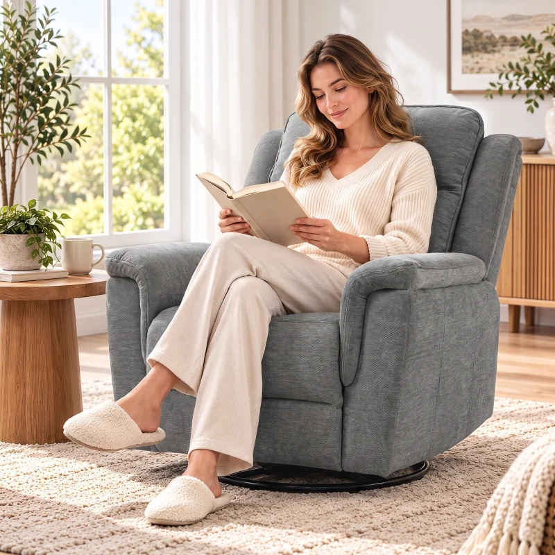 HOMCOM Fotoliu Reclinabil Manual 155° cu Suport pentru Picioare, Rotativ 360°, pentru Living, Gri Deschis