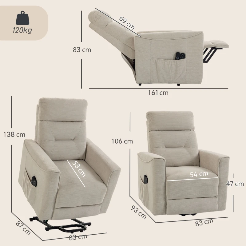 HOMCOM Relaxsessel mit elektrischer Aufstehhilfe, Massage & Wärme, Chenille-Sessel mit Federkern, Greige