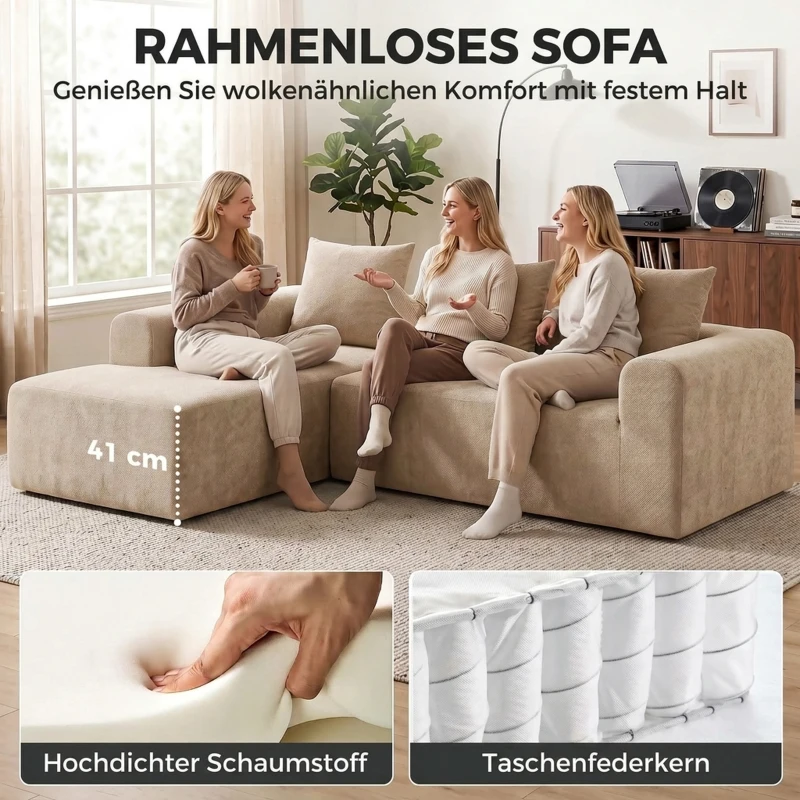 HOMCOM Ecksofa mit Chaiselongue, rahmenloses Cloud-Sofa in L-Form aus Chenille, tiefer Sitz, Taschenfedern, Beige
