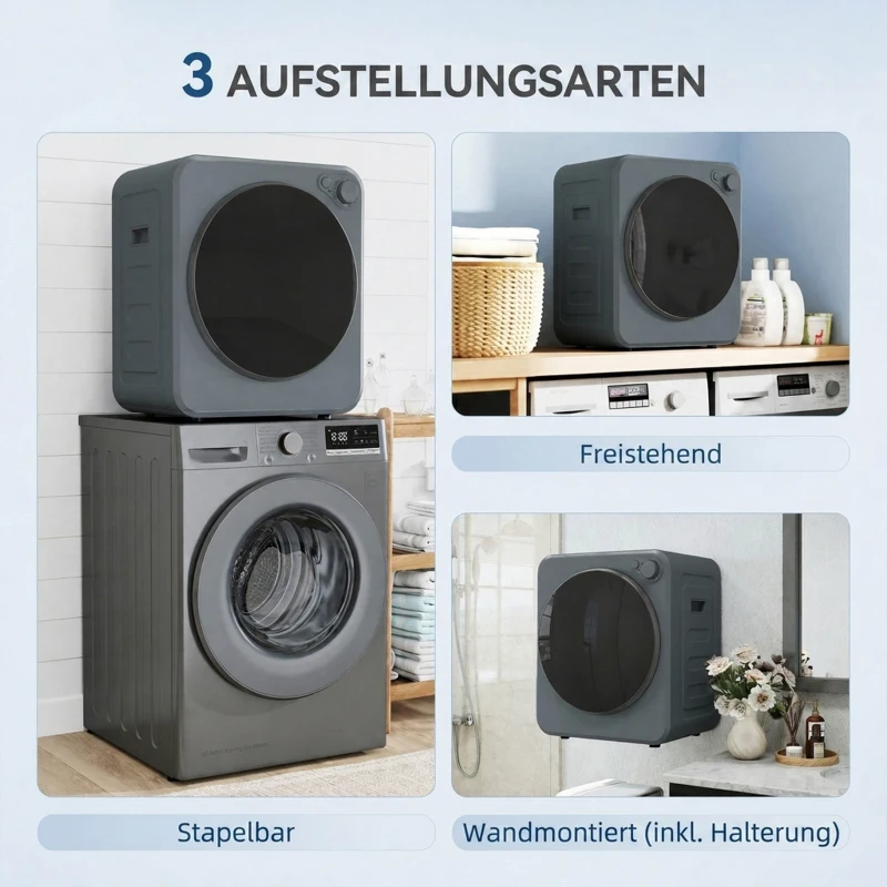 HOMCOM Mini Wäschetrockner 4 kg mit 5 Programme bis zu 60℃ 800W/400W Ablufttrockner mit Edelstahltrommel Grau