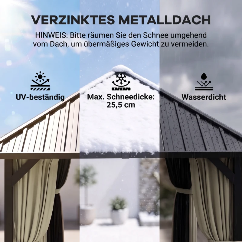 Outsunny 3 x 3 m Hartdach-Pavillon, Gartenpavillon mit Metalldach, Wasserfestes Gartenzelt mit Netz und Seitenwänden, Dunkelgrau