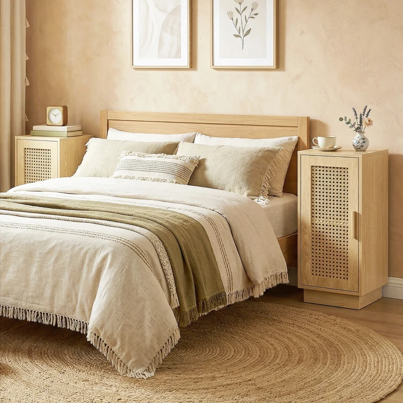 HOMCOM Set of 2 Bedside Tables with Rattan-Decor Doors, Boho Slim Nightstands with Adjustable Shelf, Natural Wood Finish
