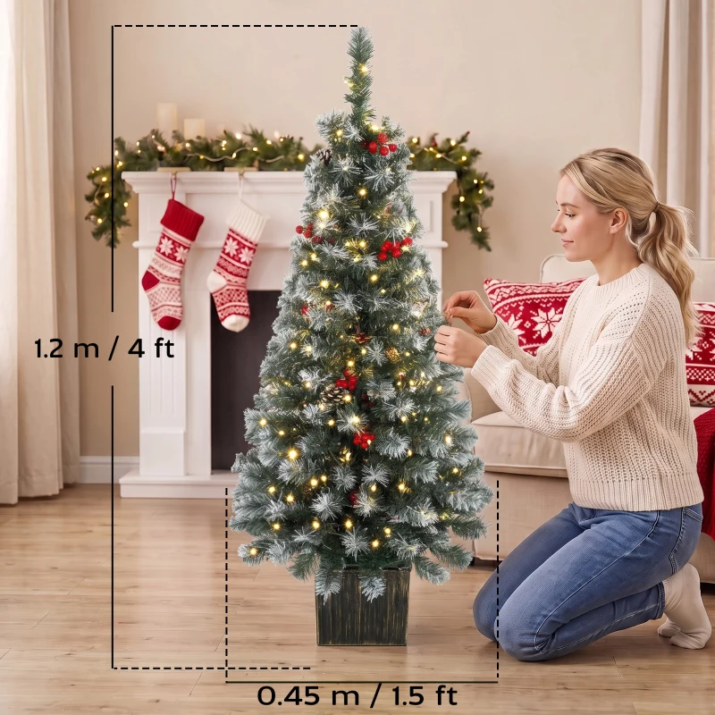 HOMCOM 4ft Pre-Lit Slim Artificial Christmas Tree Set of 2, with 100 Dual-Colour LED Lights, 140 Frosted Branch Tips