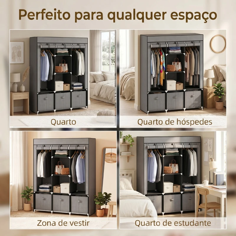 HOMCOM Roupeiro de Tecido com 2 Varões 5 Prateleiras 3 Gavetas Fecho de Correr Estrutura de Aço 125x43x162,5 cm Cinzento