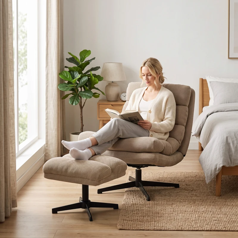 HOMCOM Fauteuil de Salon avec Repose-Pied Réglable, Rotation 360°, Fauteuil d'Appoint Capitonné en Lin, Assise Large, Marron