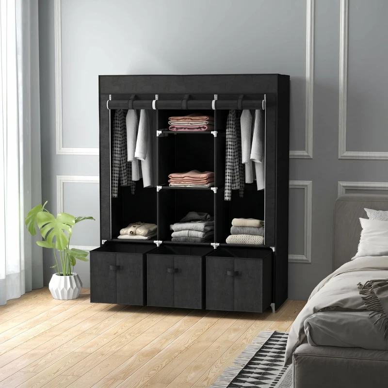 HOMCOM Roupeiro de Tecido com 2 Varões 5 Prateleiras 3 Gavetas Fecho de Correr Estrutura de Aço 125x43x162,5 cm Preto