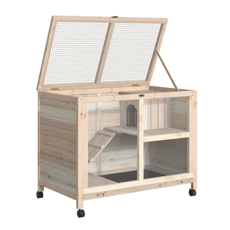 PawHut Cage à lapin clapier sur roulettes petit enclos animaux en bois massif 2 étages toit ouvrant plates-formes 91,5 x 53,3 x 73 cm bois naturel