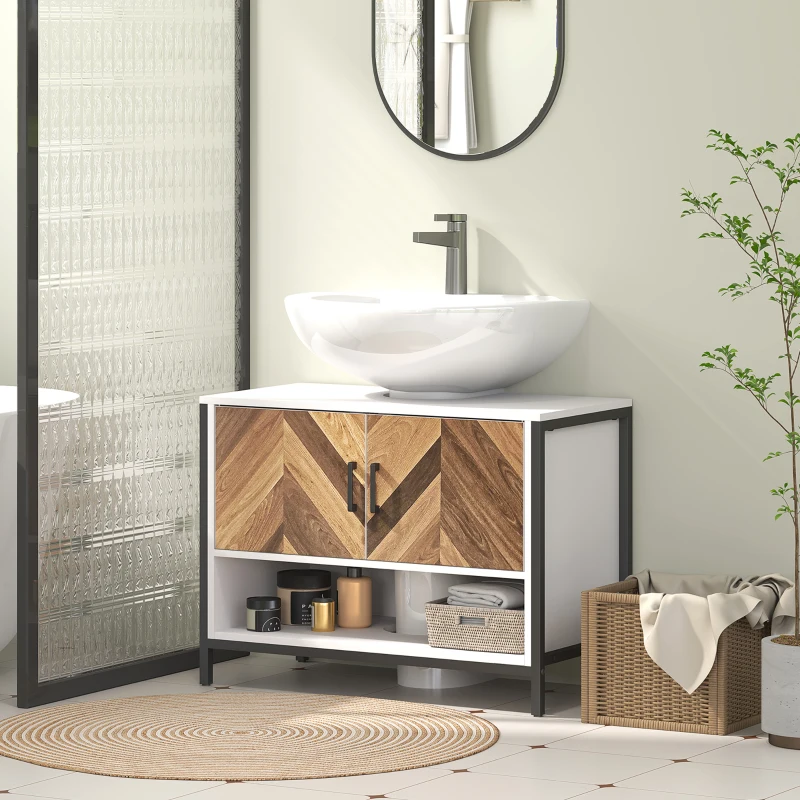 HOMCOM Under Sink Bathroom Cabinet, Rustic Under Sink Cabinet for Basin with or without Pedestal, Cream White and Walnut