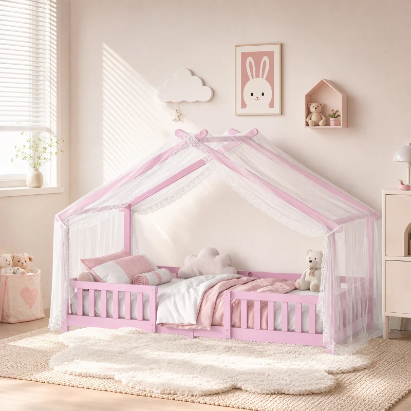 AIYAPLAY Lit Cabane Enfant 90x200 cm, Lit Enfant en Forme de Maison avec Barrières de Sécurité et Sommier à Lattes Solides, Rose