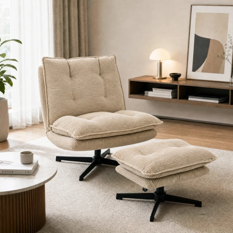 HOMCOM Sillón lounge con reposapiés, giratorio 360°, tapizado de pana, reposapiés regulable en altura, Beige