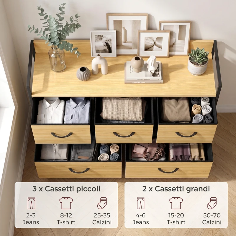 HOMCOM Cassettiera in Tessuto con 5 Cassetti e Ripiano, Struttura in Acciaio per Camera da Letto e Soggiorno, Rovere