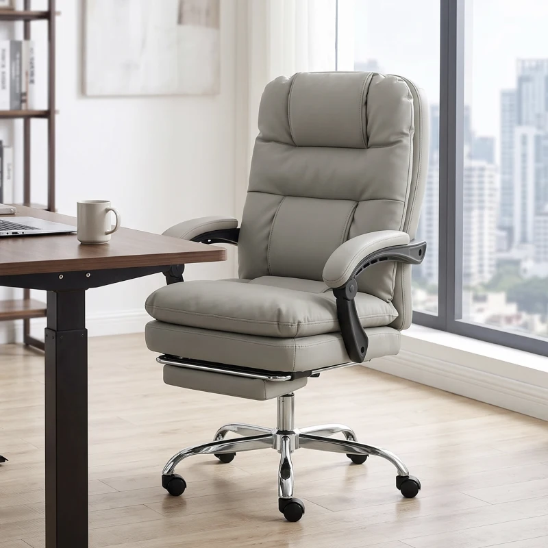 HOMCOM Cadeira de Escritório Ergonómica em PU com Molas Ensacadas, Reclinável 155°, Encosto Alto, Apoio de Cabeça, Cinzento-Claro