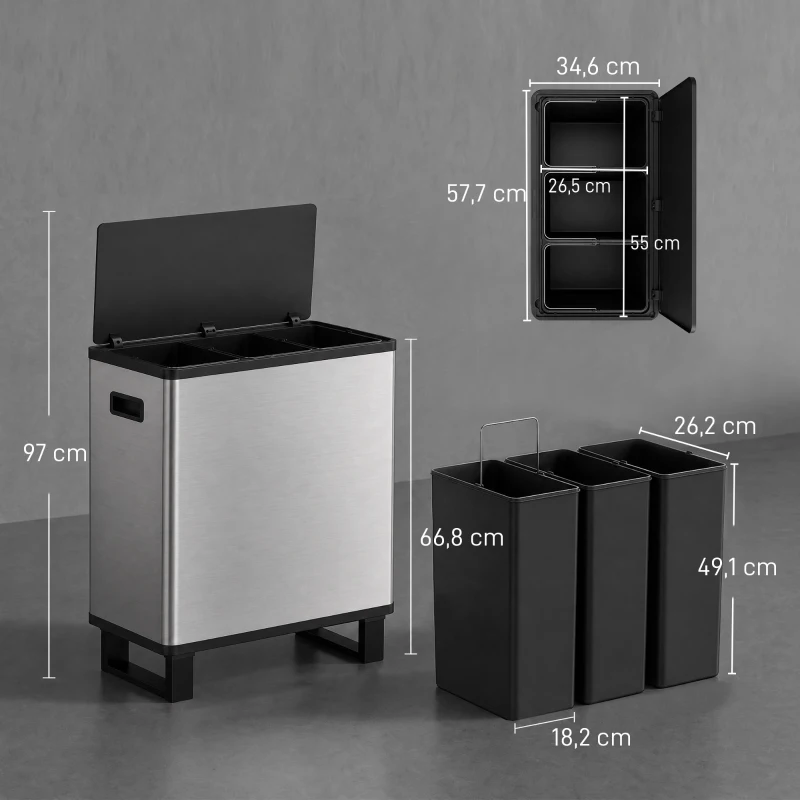 HOMCOM Papelera Automática con Sensor 54L 3 Compartimentos Acero Inoxidable Plata
