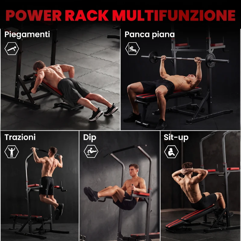 HOMCOM Power Tower Pieghevole con Panca Piana Regolabile, Rack Palestra Multifunzione con Barre per Dip e Trazioni, Altezza Regolabile 7 Livelli, in Acciaio, Allenamento Fitness Casa Palestra, Rosso