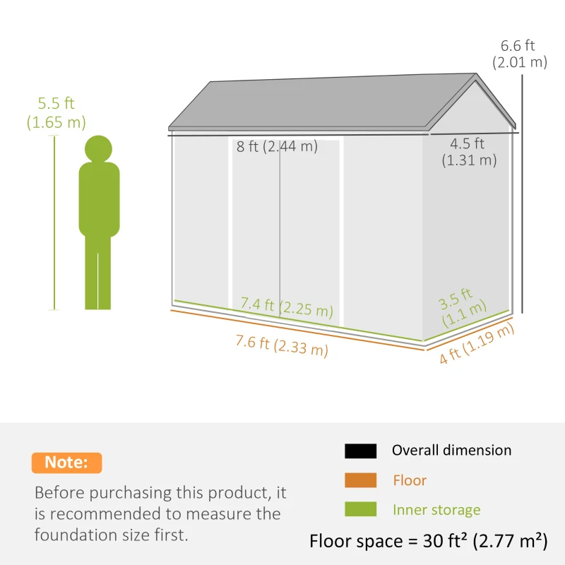 Outsunny 8 x 4 ft Plastic Garden Shed, Wood-Effect Outdoor Storage Shed with Floor, Windows, Lockable Doors and Vents, Light Grey