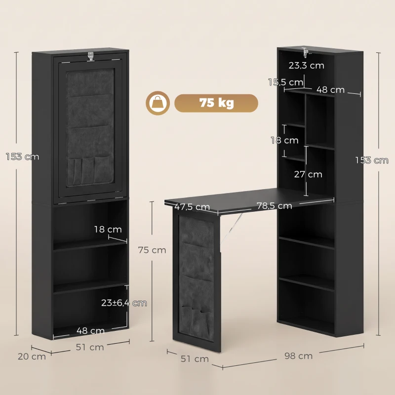 HOMCOM Secretária Dobrável com Estante, Prateleira Ajustável e Bolsa Organizadora para Espaços Pequenos 98x51x153 cm Preto