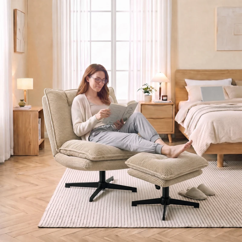 HOMCOM Sillón lounge con reposapiés, giratorio 360°, tapizado de pana, reposapiés regulable en altura, Beige