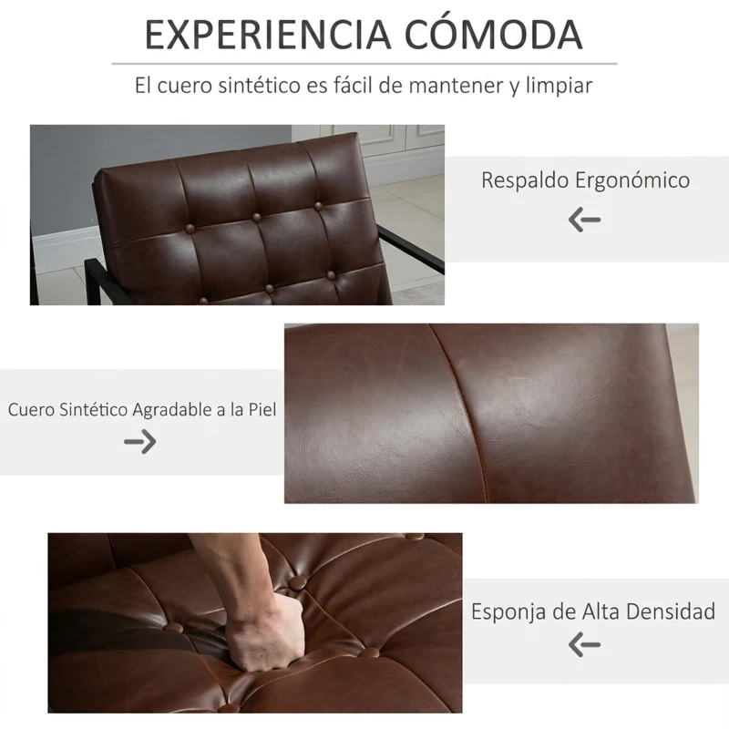 HOMCOM Sillón de Salón Moderna Butaca de Salón Tapizado en PU Asiento Amplio Marco de Metal para Dormitorio Salón Marrón