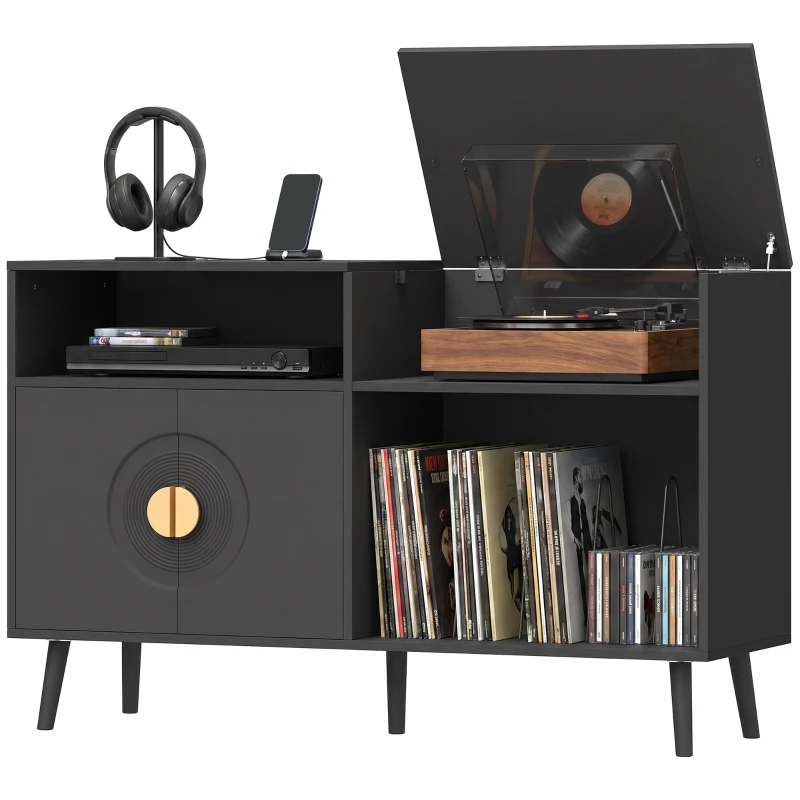 HOMCOM Record Player Stand, Vinyl Record Holder with Storage Holds Up to 300 Albums with Flip-Top Compartment, Black