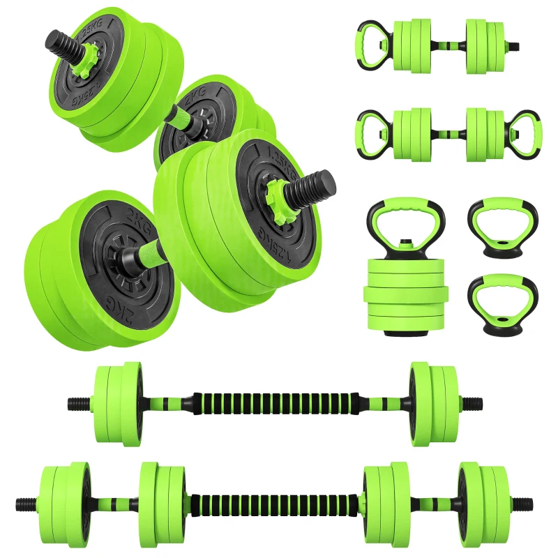 SPORTNOW Set Pesi da Palestra 4 in 1 da 20kg, Convertibile in Kettlebell, 2 Manubri, Bilanciere e Supporto Flessioni, Verde