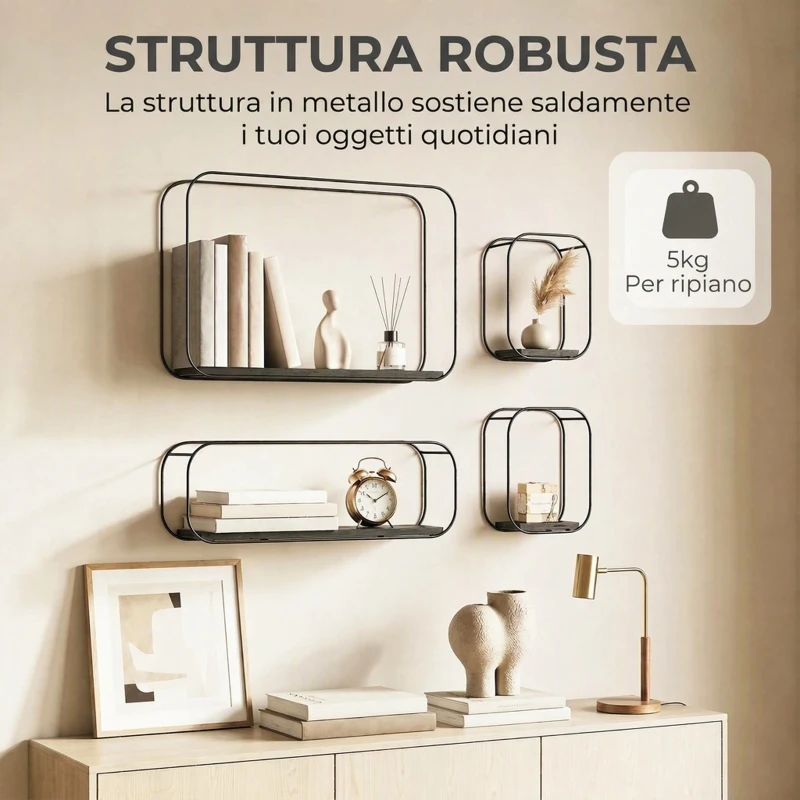 HOMCOM Mensole Flottanti Geometriche per Soggiorno, Set di 4 Pezzi, Nero