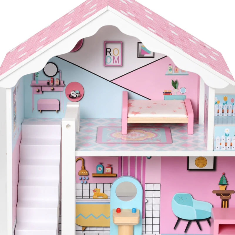 AIYAPLAY Wooden Dolls House, Large 3-Storey Modern Dollhouse with 10 Accessories, Pretend Play Toy Gift for Ages 3-6 Years, Pink